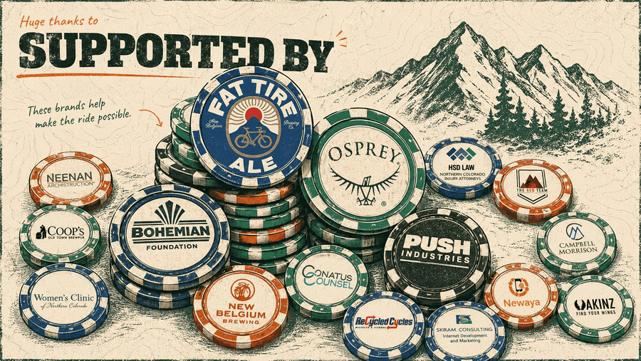 Past partners and sponsors of NoCo MTB Fest, displayed as poker chips