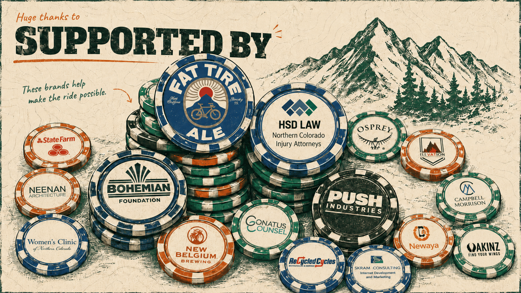 Past partners and sponsors of NoCo MTB Fest, displayed as poker chips